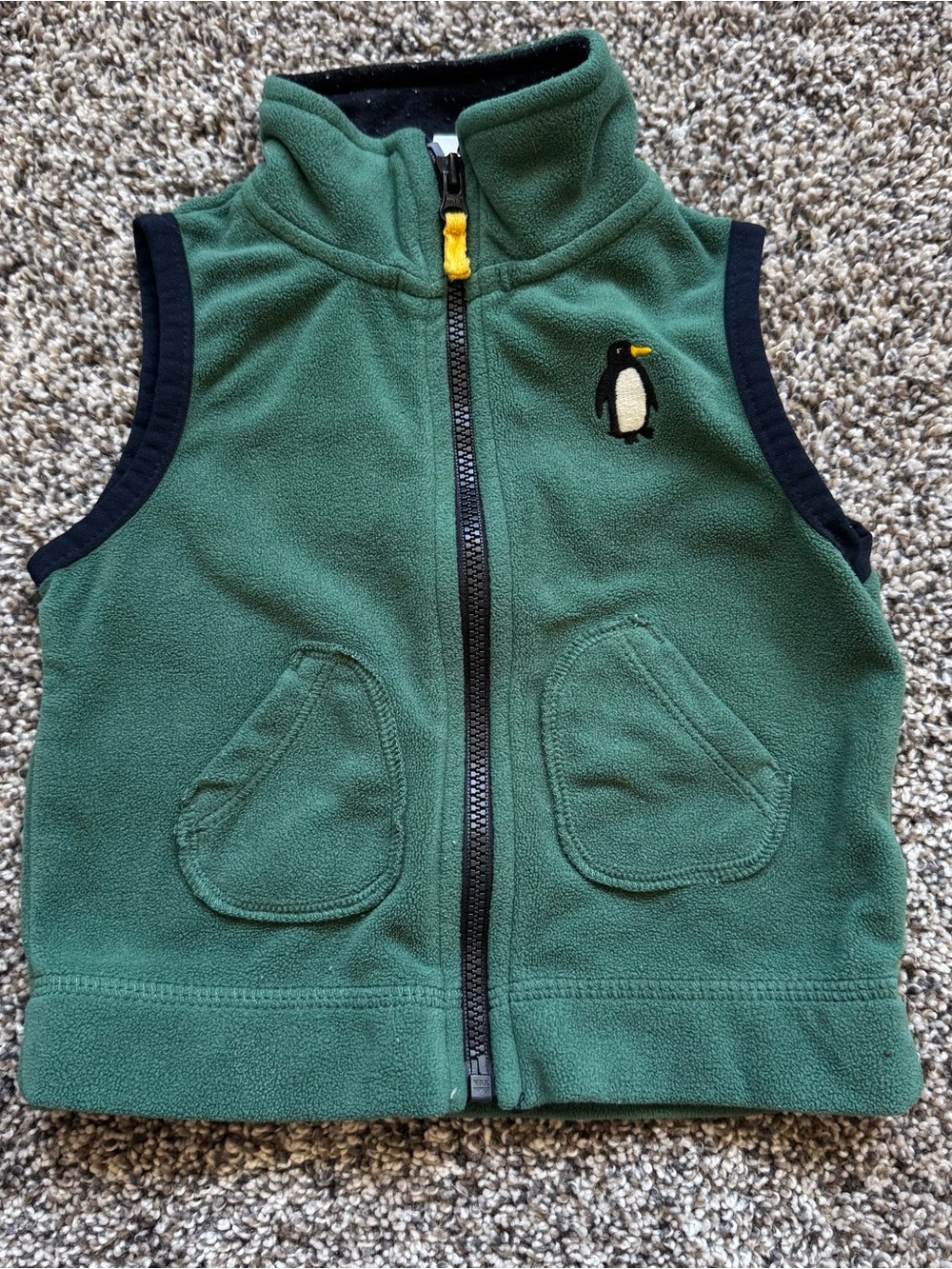 Green Fleece Vest with Penguin Embroidery